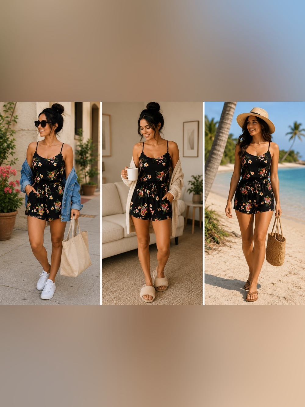 Ambiance Floral Romper Size M | Black Floral Sleeveless Adjustable Straps